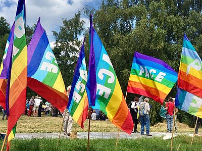 Peace demonstration at the air base in Büchel (Eifel), where about 20 US nuclear weapons of type B-61 are currently stored. Auf dem Bild sind viele Regenbogen-Fahnen mit der Aufschrift Peace zu sehen.
