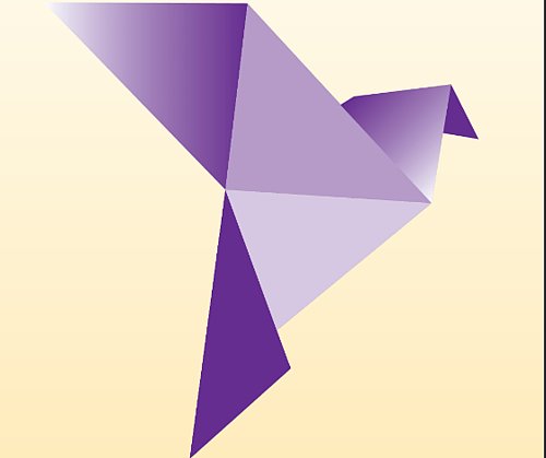 Das Bild zeigt eine violette Taube auf hellgelbem Grund. die Taube ist aus kubischen Formen in unterschiedlichen Lilatönen zusammengesetzt. Sie erinnert an eine Origamifigur.
