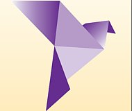 Das Bild zeigt eine violette Taube auf hellgelbem Grund. die Taube ist aus kubischen Formen in unterschiedlichen Lilatönen zusammengesetzt. Sie erinnert an eine Origamifigur.