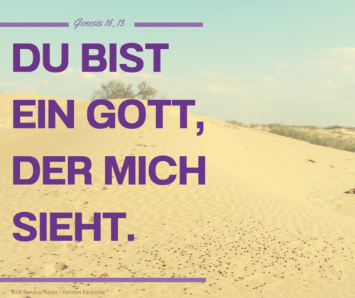 Du bist ein Gott, der mich sieht. Genesis 16,13 Jahreslosung 2023. Bild/Text Komposition mit Wüstenlandschaft